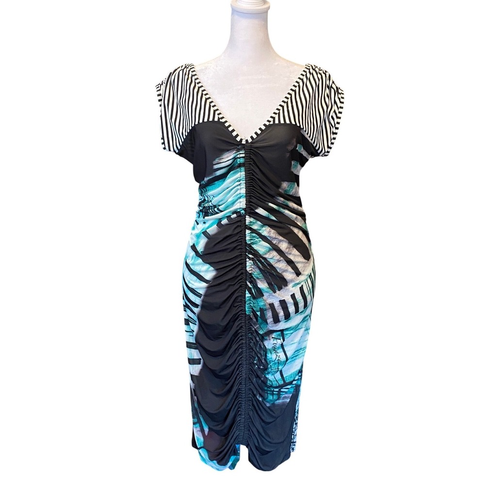 Save the Queen Vintage Midi Dress Ruched Abstract Striped L Black Teal Italy Y2K